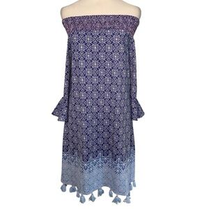 Cabana Life Medium Blue Purple Geo Print Off Shoulder Tassel Hem Resort Dress